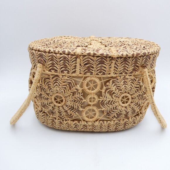 Handmade Woven Pine Straw Basket Purse 10x7 Wood Bottom Retro Boho VTG EUC - Picture 6 of 13